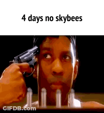 A Man Is Pointing A Gun At His Head With The Words `` 4 Days No Skybees '' . GIF