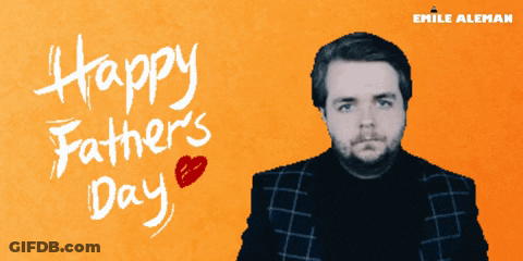 A Man Is Pointing At His Head In Front Of A Sign That Says " Happy Fathers Day " GIF