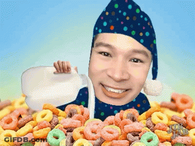 A Man Is Pouring Milk Into A Pile Of Cereal With The Words Tub Jam On The Bottom GIF