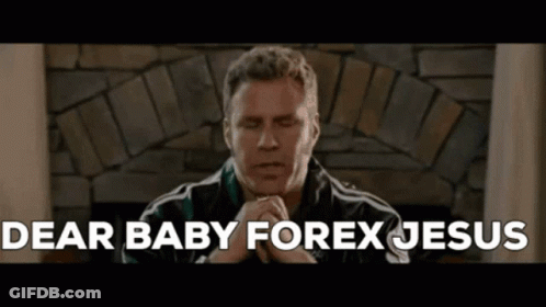 A Man Is Praying In Front Of A Fireplace With The Words `` Dear Baby Forex Jesus '' Written Above Him . GIF