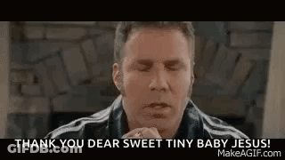 A Man Is Praying With His Eyes Closed And Says `` Thank You Dear Sweet Tiny Baby Jesus ! '' GIF