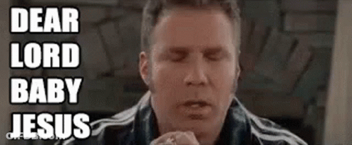 A Man Is Praying With His Eyes Closed And The Words `` Dear Lord Baby Jesus '' Above Him . GIF