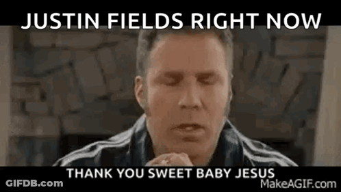 A Man Is Praying With His Eyes Closed And The Words `` Justin Fields Right Now '' Written Above Him . GIF