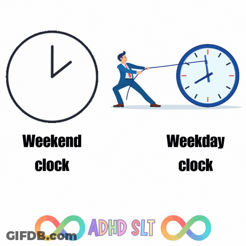 A Man Is Pulling A Clock With The Words Weekend Clock And Weekday Clock GIF