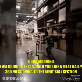 A Man Is Pushing A Cart In A Store With The Words Good Morning GIF