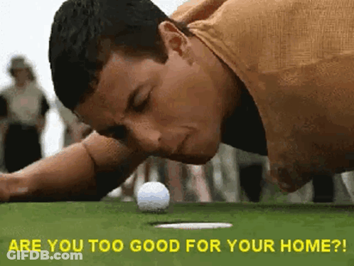 A Man Is Putting A Golf Ball Into A Hole With The Words Are You Too Good For Your Home GIF