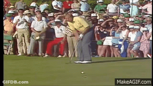 A Man Is Putting A Golf Ball On A Green In Front Of A Crowd GIF