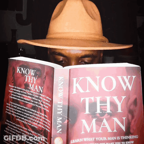 A Man Is Reading A Book Called Know Thy Man GIF