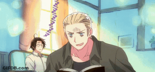 A Man Is Reading A Book In Front Of A Window With A Sign That Says Ninninnia GIF
