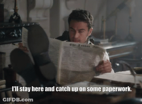 A Man Is Reading A Newspaper With His Feet Up And Says I 'Ll Stay Here And Catch Up On Some Paperwork GIF
