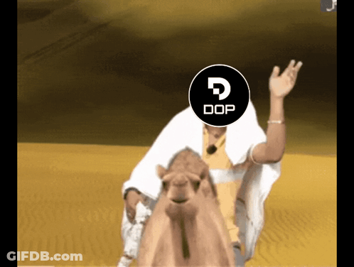 A Man Is Riding A Camel With A Dop Logo On His Head GIF