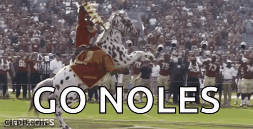 A Man Is Riding A Dalmatian Horse With The Words Go Noles Written On It GIF
