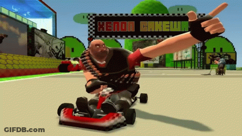 A Man Is Riding A Go Kart In Front Of A Sign That Says Xenon Cakeur GIF