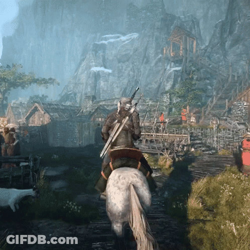 A Man Is Riding A Horse With A Sword On His Back GIF