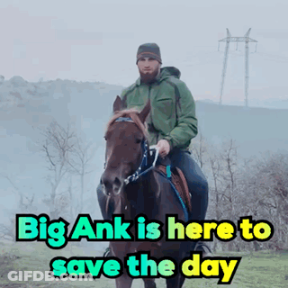 A Man Is Riding A Horse With The Words Big Ank Is Here To Save The Day Below Him GIF