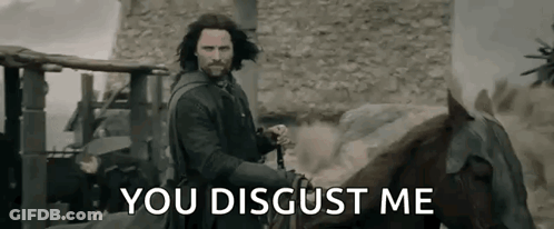 A Man Is Riding A Horse With The Words `` You Disgust Me '' Written Below Him . GIF