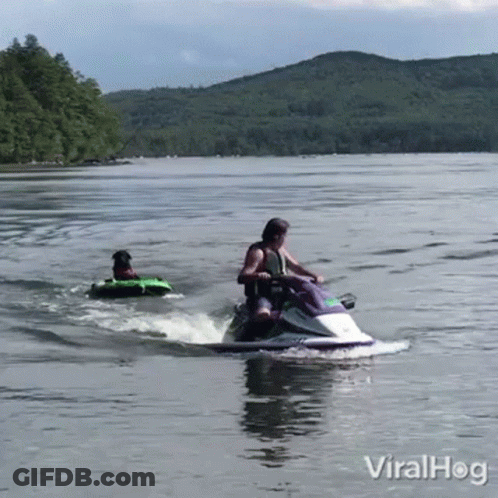 A Man Is Riding A Jet Ski On A Lake While Another Man Is Riding A Green Tube GIF