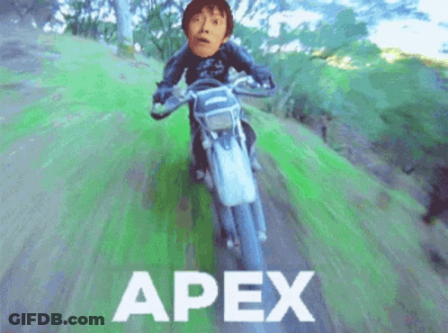 A Man Is Riding A Motorcycle With The Word Apex Written On The Bottom GIF