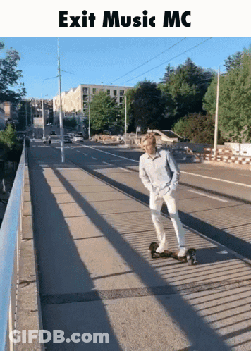 A Man Is Riding A Skateboard Across A Bridge With The Words Exit Music Mc Above Him GIF