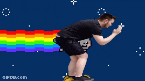 A Man Is Riding A Skateboard In Front Of A Pixelated Cat With A Rainbow Coming Out Of Its Tail GIF