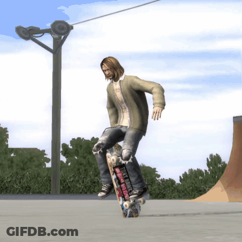 A Man Is Riding A Skateboard With A Sticker On It That Says ' Dirty Tricks ' GIF