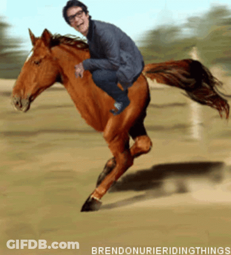 A Man Is Riding On The Back Of A Brown Horse With The Words Brendonurieridingthings Written Below Him GIF