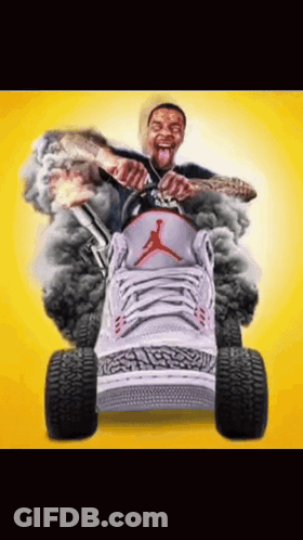 A Man Is Riding On The Back Of A Shoe With A Smoke Coming Out Of It GIF