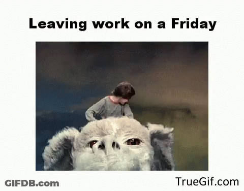 A Man Is Riding On The Back Of A White Dog With The Words Leaving Work On A Friday Written Below Him GIF