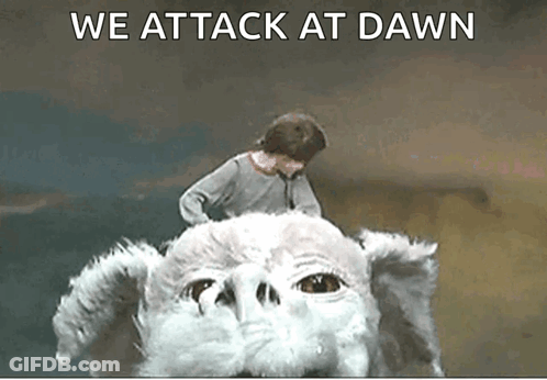A Man Is Riding On The Back Of A White Dog With The Words We Attack At Dawn Written Below It GIF