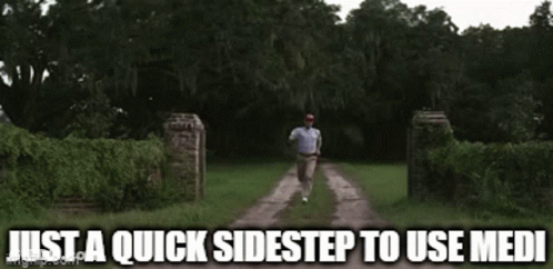 A Man Is Running Down A Sidewalk With The Words Just A Quick Sidestep To Use Medi Written Below Him GIF