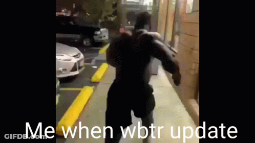 A Man Is Running Down A Sidewalk With The Words Me When Wbtr Update On The Bottom . GIF