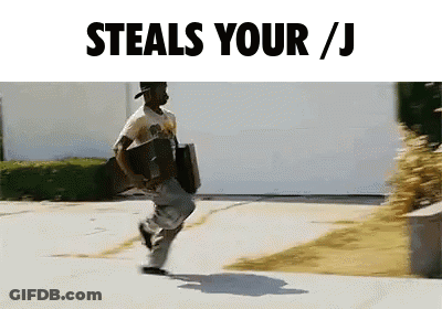 A Man Is Running Down A Sidewalk With The Words " Steals Your / J " Below Him GIF