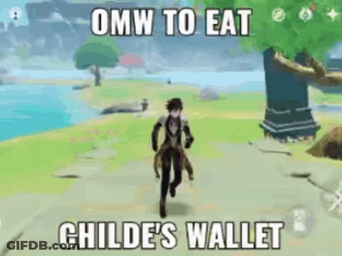 A Man Is Running In A Video Game With The Caption Omw To Eat Childe 'S Wallet GIF