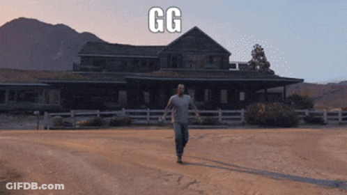 A Man Is Running In Front Of A House That Says Gg On The Top GIF