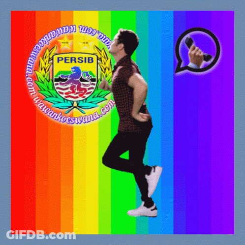 A Man Is Running In Front Of A Rainbow Background With The Logo For Persib GIF