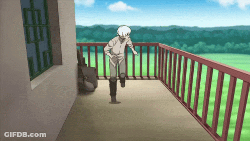 A Man Is Running On A Balcony With A View Of A Field Behind Him GIF