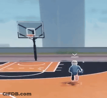 A Man Is Running On A Basketball Court With A Basketball Hoop In The Background . GIF