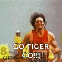 A Man Is Running On A Track With The Words `` Go Tiger Go '' Written On It . GIF