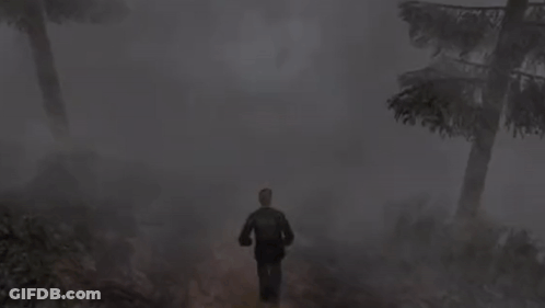 A Man Is Running Through A Foggy Forest With Trees . GIF
