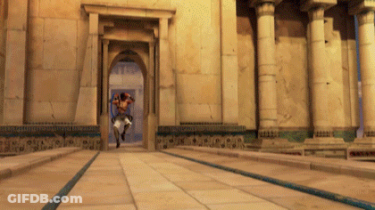 A Man Is Running Through A Stone Archway In A Video Game . GIF