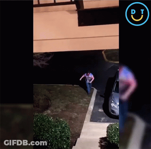 A Man Is Running Towards A Car In A Parking Lot With A Pj Logo GIF