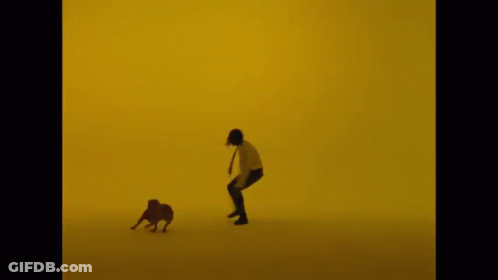 A Man Is Running With A Dog In Front Of A Yellow Wall GIF