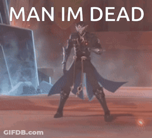 A Man Is Running With A Sword In His Hand And The Words Man Im Dead Behind Him GIF