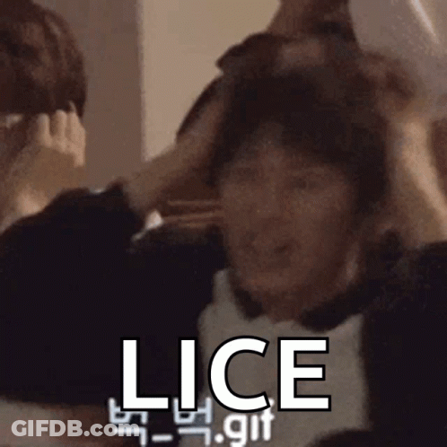 A Man Is Scratching His Head With His Hands And The Word Lice Is On The Bottom Of The Image . GIF