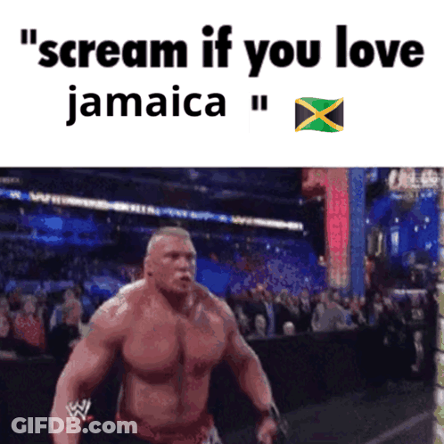 A Man Is Screaming In Front Of A Crowd With The Words " Scream If You Love Jamaica " On The Bottom GIF