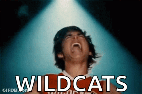 A Man Is Screaming In Front Of A Spotlight And The Word Wildcats Is On The Screen GIF