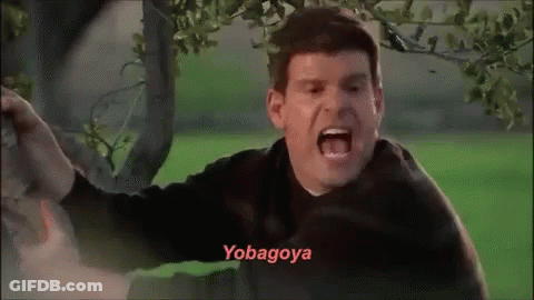 A Man Is Screaming In Front Of A Tree And The Word Yobagoya Is On The Bottom Of His Face . GIF