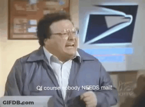 A Man Is Screaming In Front Of A United States Postal Service Logo . GIF