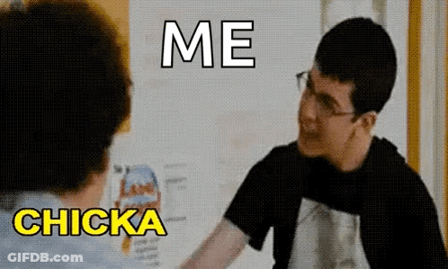 A Man Is Shaking Hands With Another Man With The Words `` Me Chicka '' Written Above Him . GIF