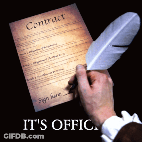 A Man Is Signing A Contract With A Feather Pen GIF